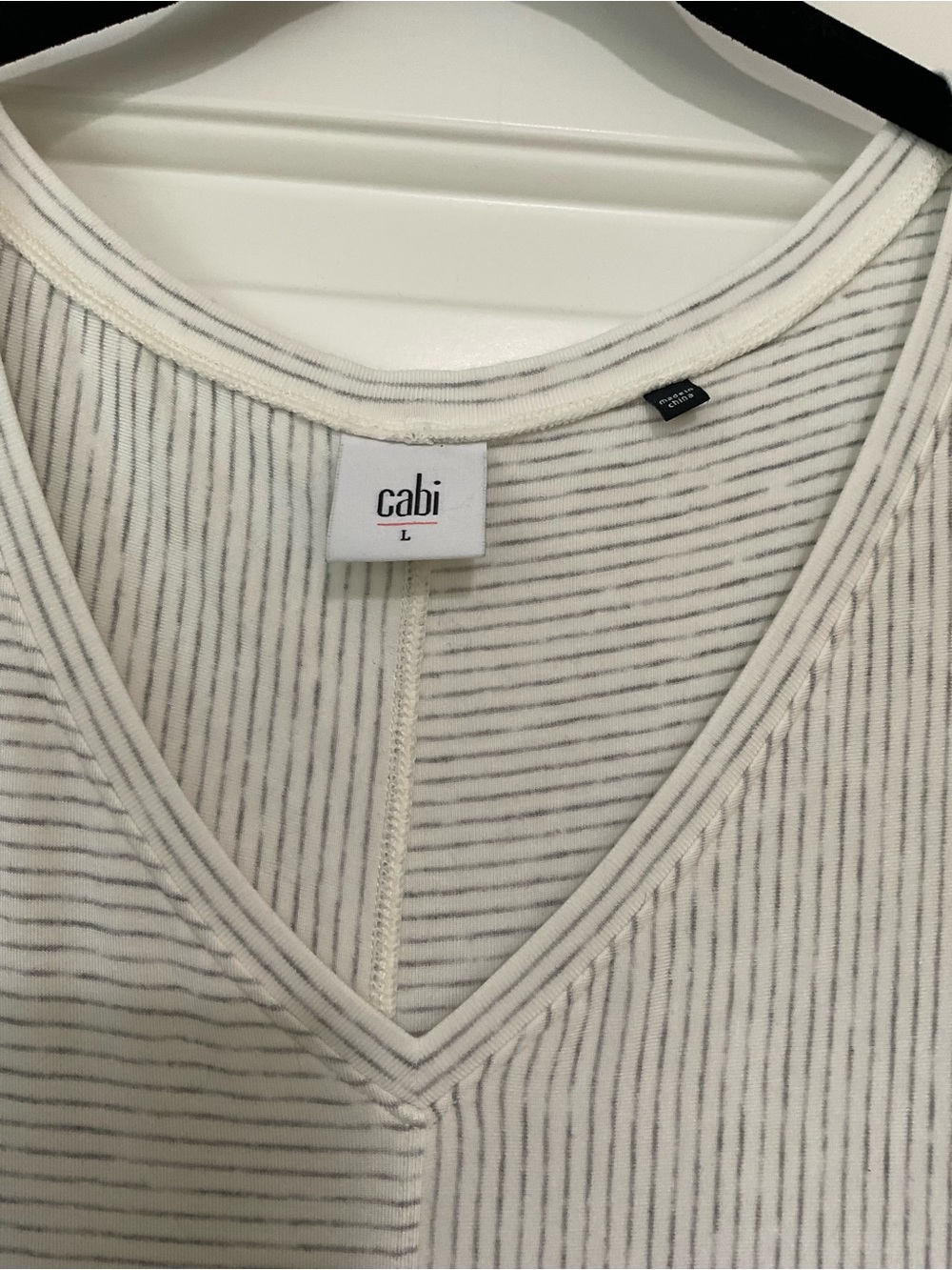 CAbi White and Light Gray Striped V-Neck Tank - Picture 2 of 5